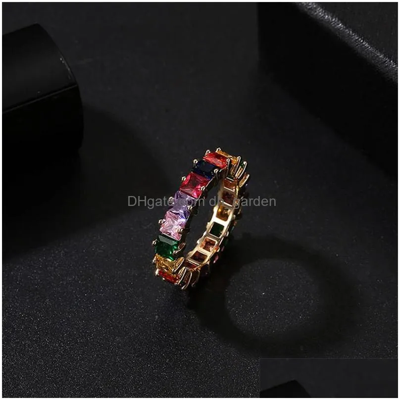 Wedding Rings High Quatity Rainbow Crystal Zircon Ring Engagement Rings For Women Fashion Square Baguette Cz Eternity Finge Dhgarden Dh2Jn
