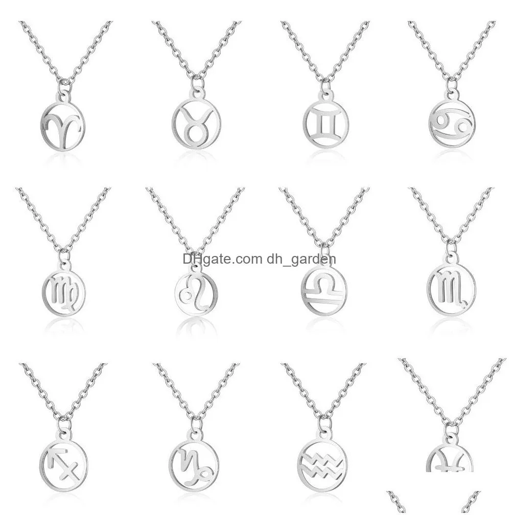 Pendant Necklaces High Quality Stainless Steel 12 Zodiac Constellation Pendant Necklaces For Women Men Round Shape Sier Colo Dhgarden Dhbye