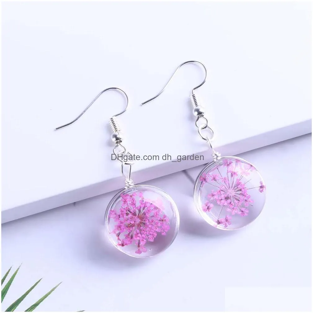 Dangle & Chandelier Sell Dried Flower Glass Pendant Sier Plating Hook Dangle Earring For Women Unique Design 10 Color Drop Dhgarden Dhubn