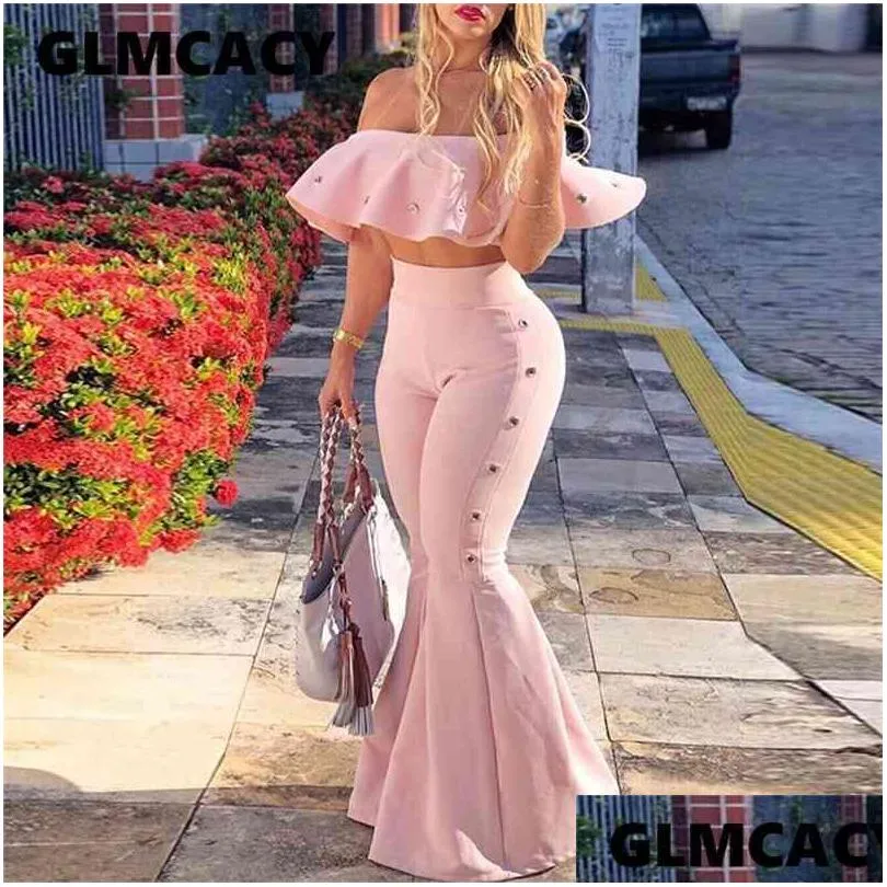 women two piece outfits off shoulder ruffle crop tops and flare pants 2 piece set summer club party festival set 210721