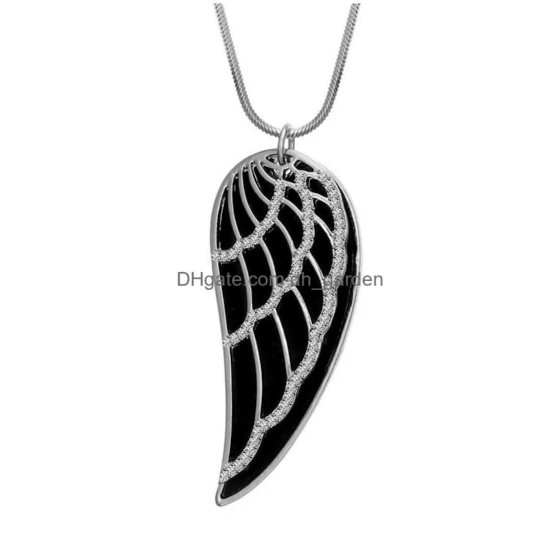 Pendant Necklaces New Gold Color Crystal Feather Angel Wing Pendant Necklace Double Layer Long Sweater Chain Statement Jewelry Collare Dh2Dv