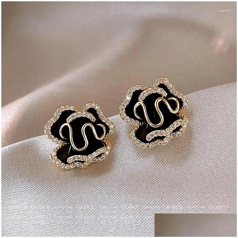 stud earrings fashion camellia rose oil drops small light luxury elegant black simple female jewelry