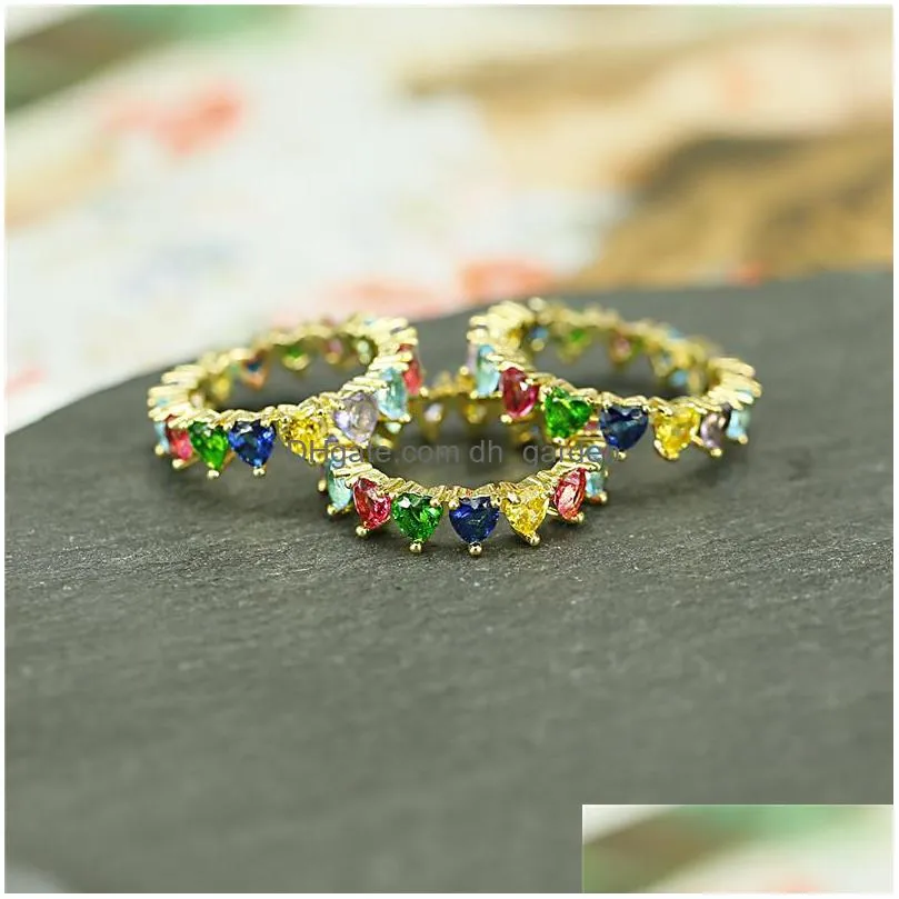 Wedding Rings New Lovely Rainbow Heart Crystal Ring Small Baguette Eternity Engagement Band For Women Cz Year Drop Delivery Dhgarden Dh8Ff