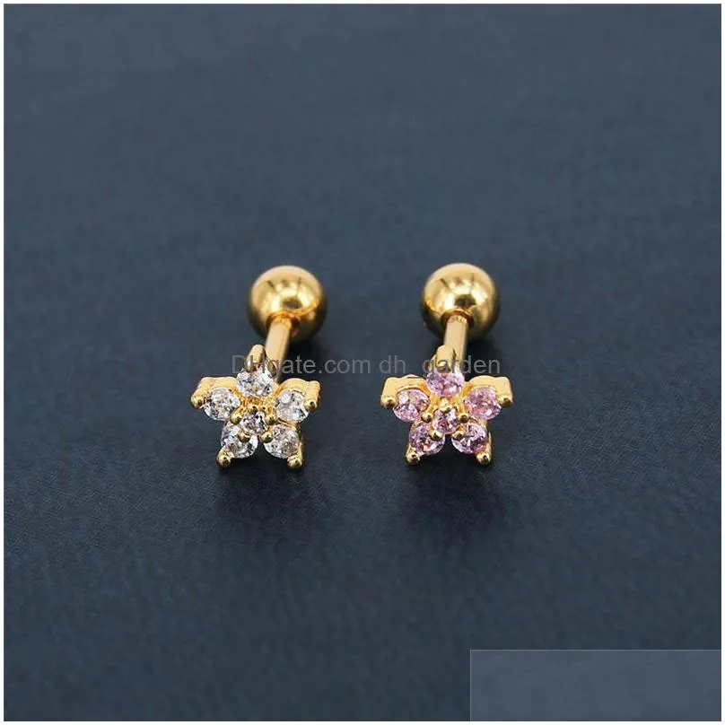 Stud New 4 Color Flower Cz Stud Earrings For Women Girl Gold Sier Titanium Steel 5A Flash Zircon Studs Elegant Jewelry Drop Delivery Dhlvb