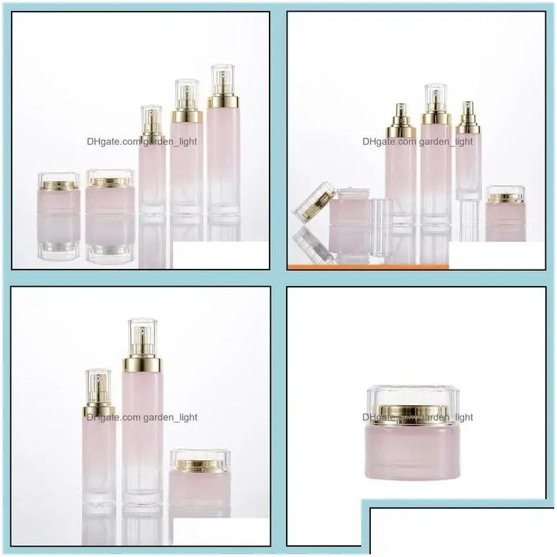 wholesale Cream Jar Gradient Pink Glass Cosmetic Jars Lotion Pump Bottles With Gold Lids 30G 50G 40Ml 100Ml 120Ml Drop Delivery Office School