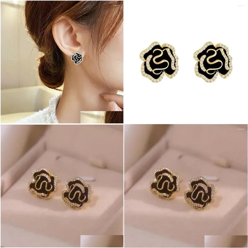 stud earrings fashion camellia rose oil drops small light luxury elegant black simple female jewelry