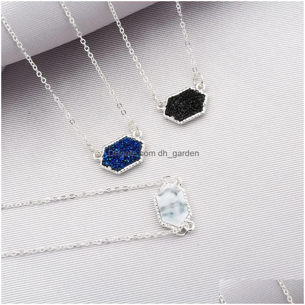 Pendant Necklaces High Quality Geometry Stone Crystal Pendant Necklace For Women Resin Sier Gold Plating 10 Color Fashion Jewelry Whol Dhyo0