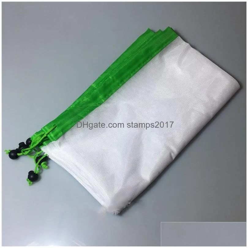 3pcs/set eco kitchen storage bag reusable fruit vegetables mesh drawstring pocket shopping grocery produce bags