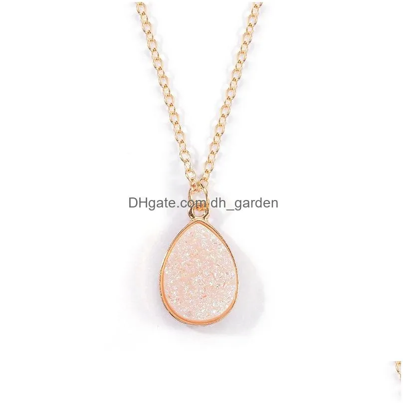 Pendant Necklaces High Quality Teardrop Resin Stone Crystal Druzy Pendant Necklace For Women Gold Plating White Pink Blue Fashion Jewe Dh75L