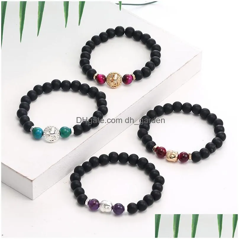 Beaded New 8Mm Black Matte Stone Buddha Life Of Tree Charm Beads Bracelet For Men Handmade Elastic Tiger Eye Amethyst Jewel Dhgarden Dht6T