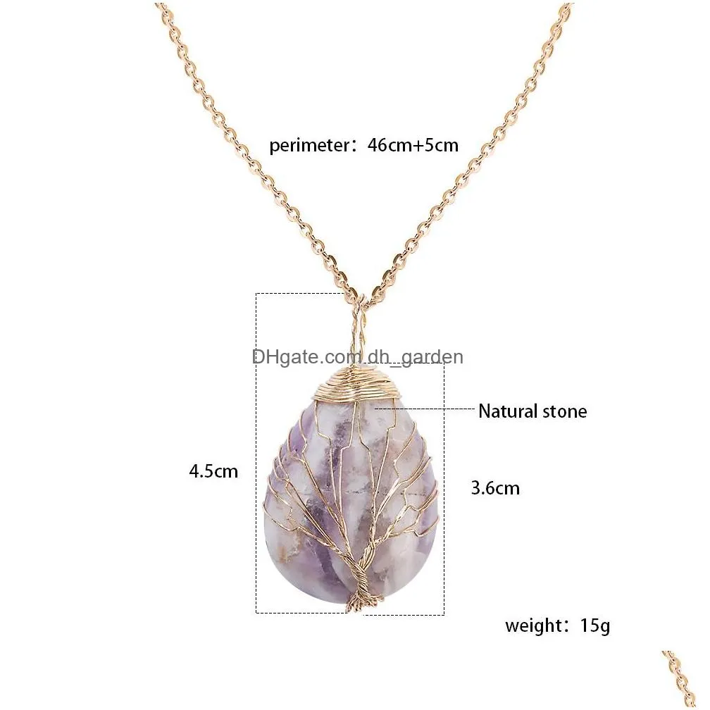 Pendant Necklaces New Natural Stone Necklace For Women Tree Of Life Wire Wrap Tiger Eye Water Drop Bohemian Statement Jewelr Dhgarden Dhwl7