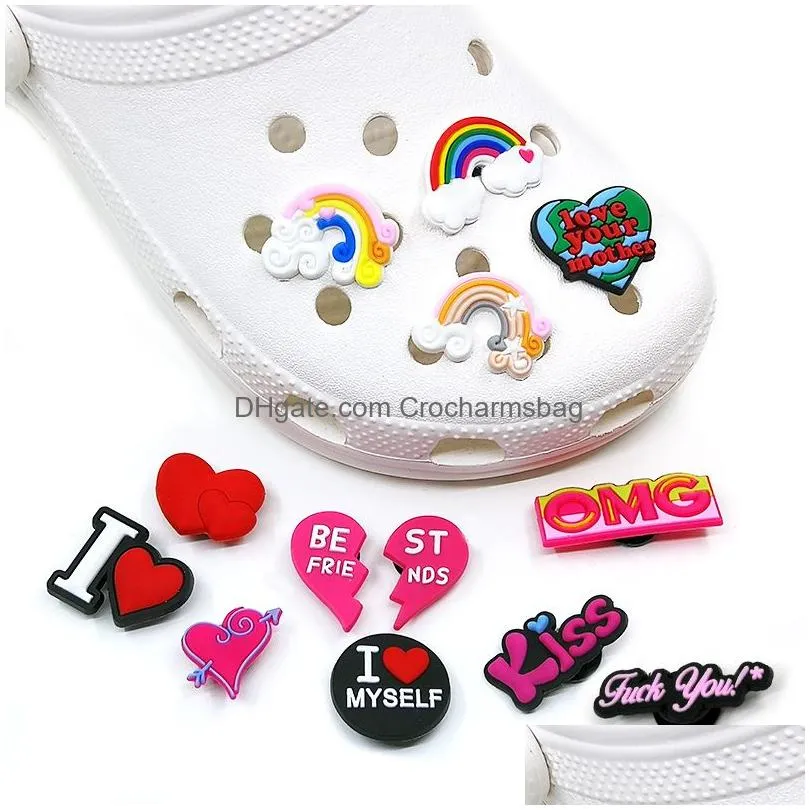 Shoe Parts & Accessories Moq 100Pcs Plastic Buttons Sweet Clog Charms Soft Pvc Heart Ainbow Shoe Charm Accessories Decorations Custom Dhqlv