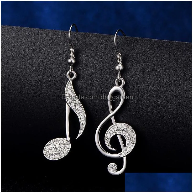 Stud New Shining Czech Rhinestone Treble Clef Notes Eighth Note Dangle Earring For Women Alloy Gold Sier Rose Fishhook Drop Dhgarden Dhwme