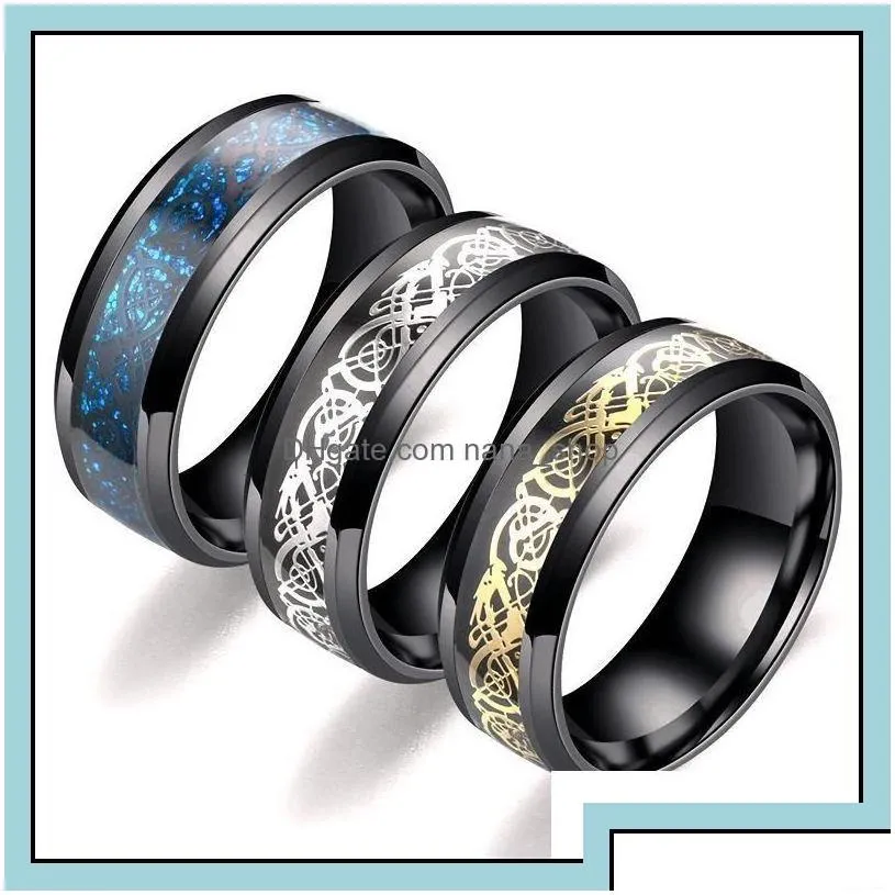 Band Rings Fashion 8Mm Wedding Ring For Men Women Retro Celtic Dragon Inlay Red Carbon Fiber Size 613 Drop Delivery Jewelry Otsud