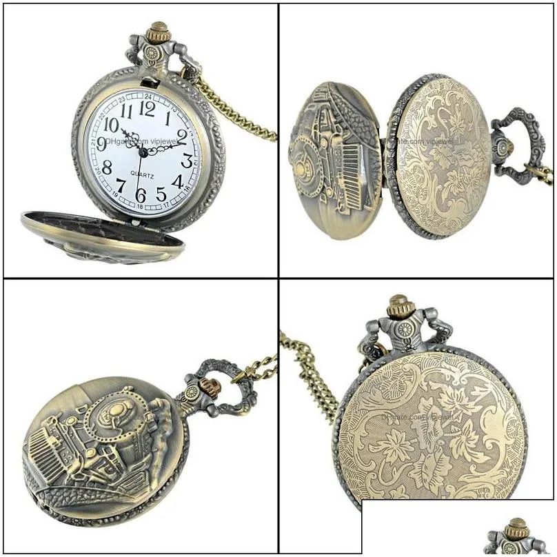 Pocket Watches Train Theme Fl Quartz Engraved Fob Retro Pendant Watch Chain Gift Fire Fighter Drop Delivery 2021 Yjlqq