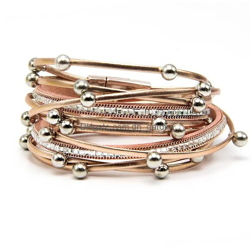 Chain Shinning Punk Mtilayer Beads Wrap Pu Leather Bracelet 5 Colors Bangle Women Design Alloy With Magnetic Clasp Gift Drop Delivery Dheqk