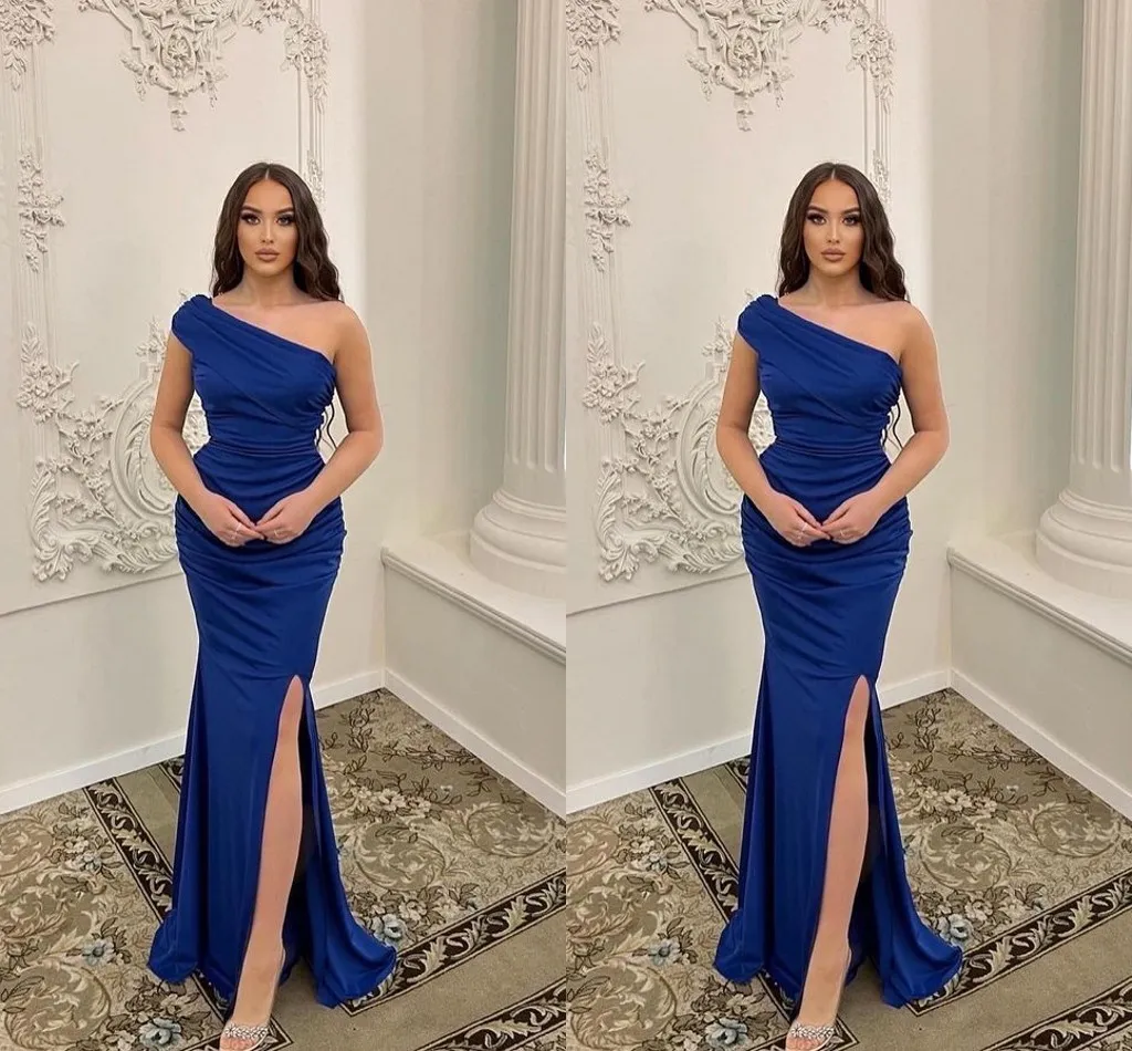 Simple Royal Blue Mermaid Evening Dresses For Women One Shoulder Side Split Satin Pageant Gowns Special Occassion Birthday Celebrity Party Dress Formal Wear