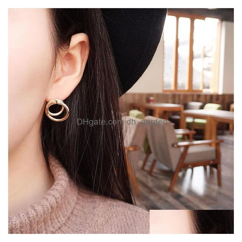 Hoop & Huggie New Arrival Geometric Double Round Stud Earring For Women Trendy Hoop Gold Sliver Plating Alloy Drop Jewelry Dhgarden Dh3U0