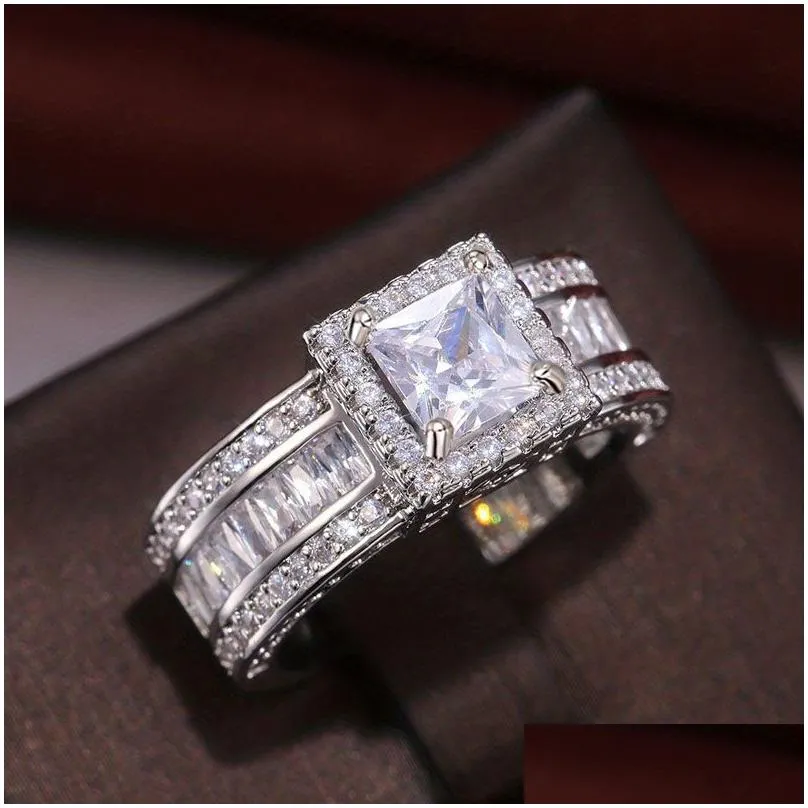 Wedding Rings Rings Unique Luxury Jewelry Princess Cut Whie Topaz Cz Diamond Party Eternity Women Wedding Band Ring Gift Drop Deliver Otzag