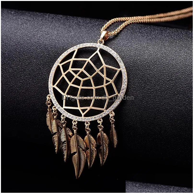 Pendant Necklaces New Round Hollow Dream Catcher Crystal Choker Necklace For Women Long Leaf Feather Tasssel Pendant Alloy J Dhgarden Dh3Vf