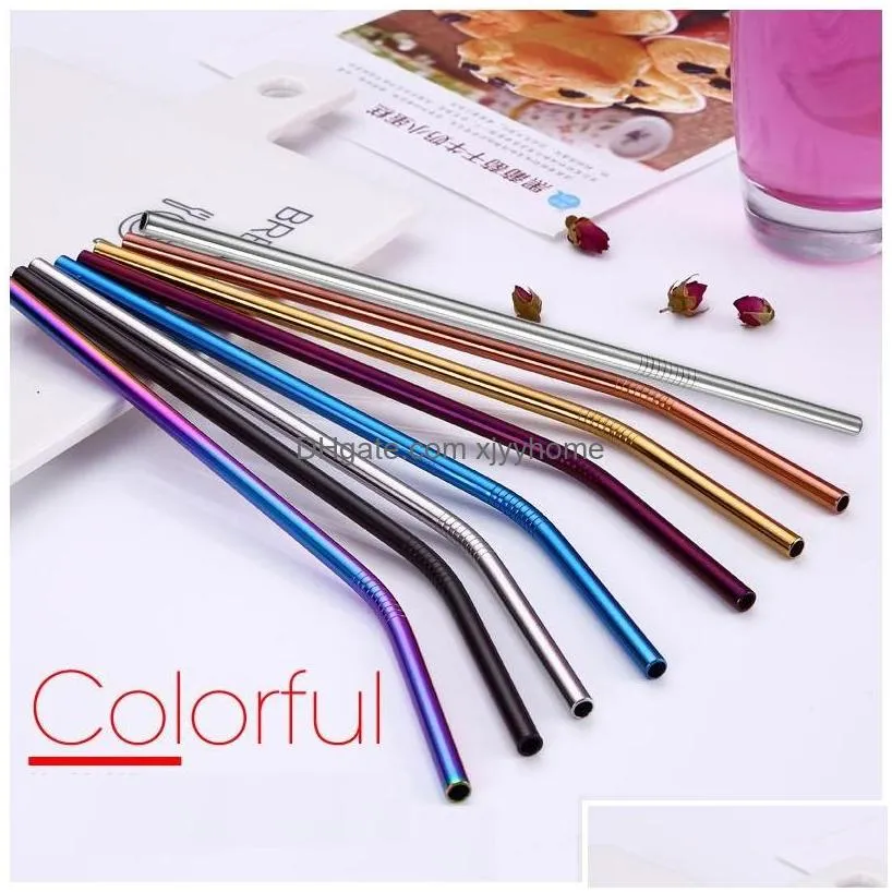 Drinking Straws Drinking Sts 6X215Mm/0.24X8.5Inch 7 Colors Ecofriendly Reusable Metal St Sturdy Straight Bent Stainless Steel Sts Cock Dhph8