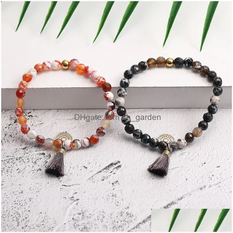 Charm Bracelets Bohemian Polyester Tassel Charms Natural Agate Beads Bracelets With Card Handmade Elastic Friendship Bracelet For Wom Dhkfa