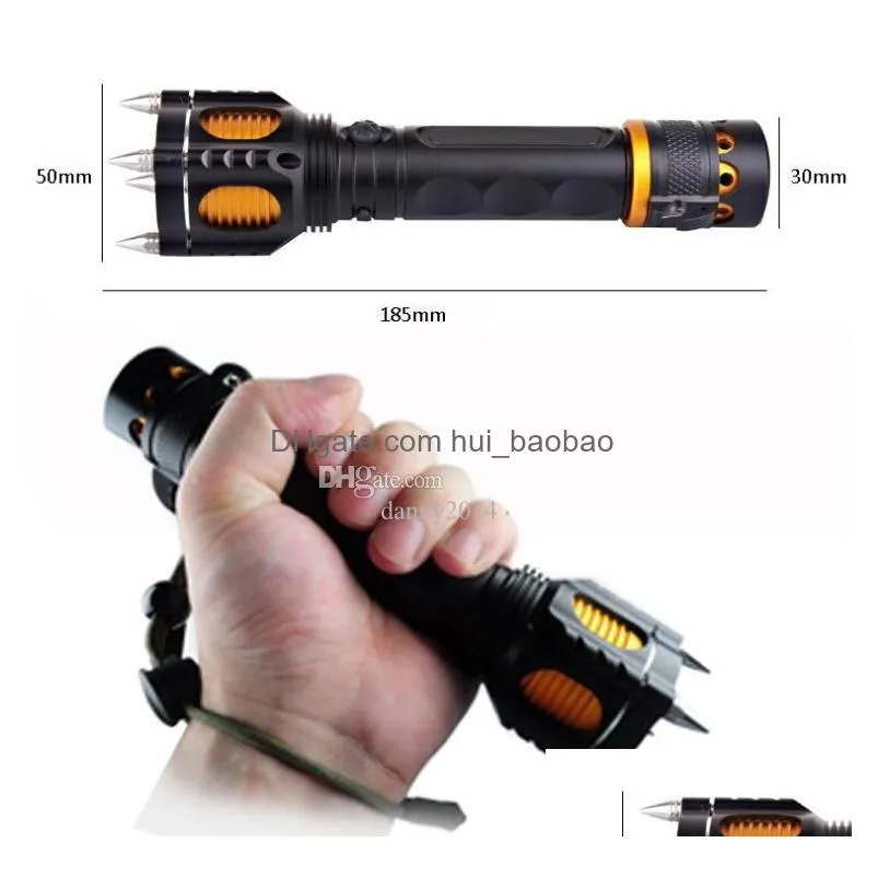 Flashlights Torches Powerf Rechargeable Xml T6 Led Tactical Flashlight Torch With 4 Attack Heads Sos Alarm Safety Hammer Self Defens Dhnlz