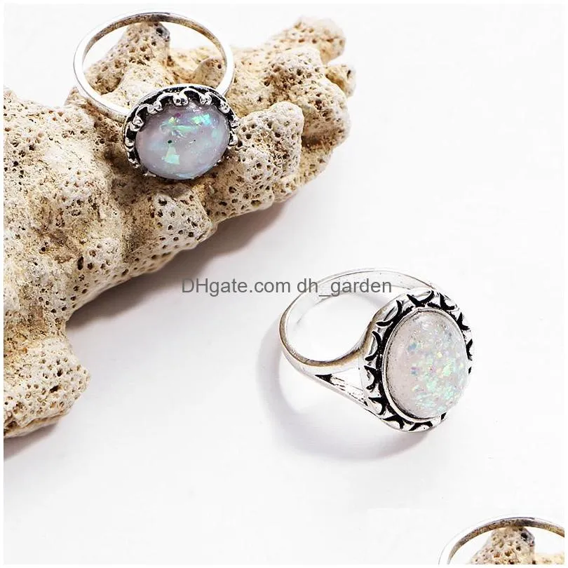 Cluster Rings New Arrival Big Vintage Opal 8 Pcs Knuckle Ring Set For Women Sliver Color Geometric Pattern Bohemian Style F Dhgarden Dhfqj