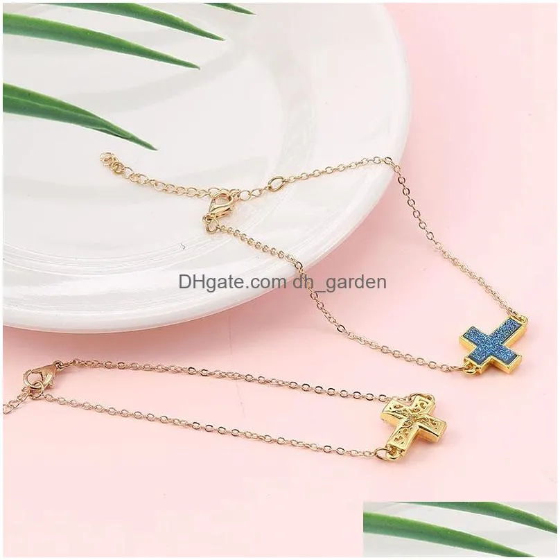 Chain Simple Resin Druzy Stone Cross Charm Bracelet For Women Bohemia Gold Plated Adjustable With Card Fashion Friendship J Dhgarden Dh2Np
