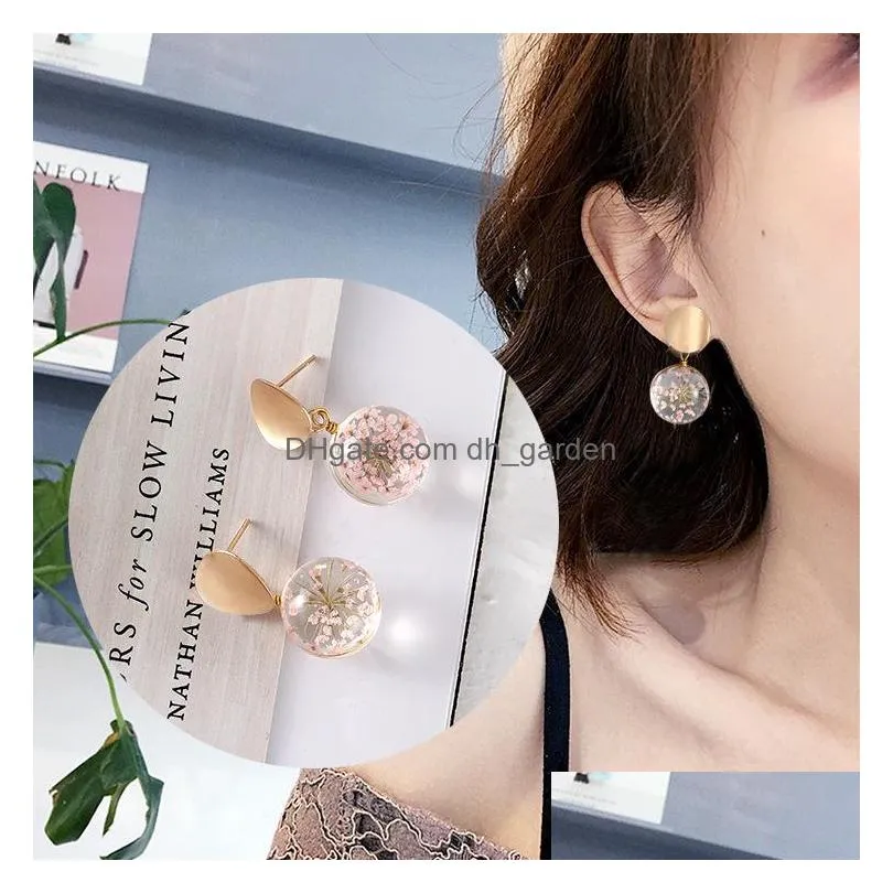 Stud Fashion Dried Flower Glass Sequin Dangle Hanging Earrings For Women Wedding Transparent Ball Gold Plating Drop Jewelry Dhgarden Dhpcp