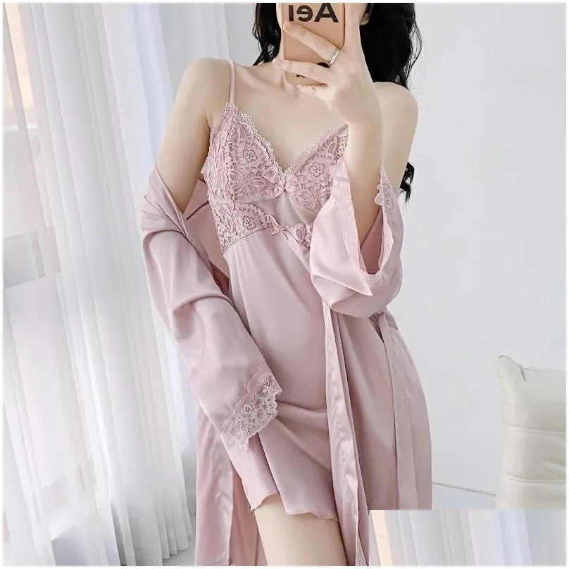 women`s sleepwear two piece women kimono bathrobe set rayon satin nightgown night dress loungewear lady bath robe gown