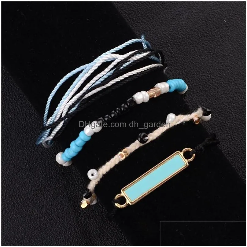 Bangle 4 Pcs/Set Bohemian Blue White Handmade Mtilayer Wax Rope Woven Bracelet For Women Square Beaded Personality Drop Delivery Jewe Dhmbu
