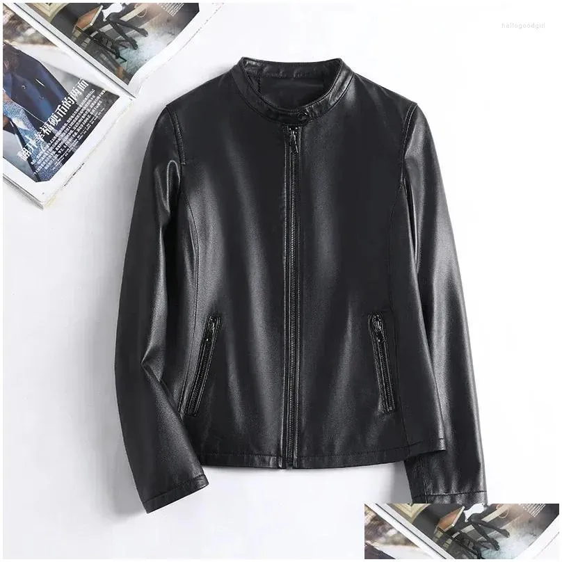 women`s leather 2024 spring autumn genuine jacket soft sheepskin coat female stand collar motocycle short slim pure