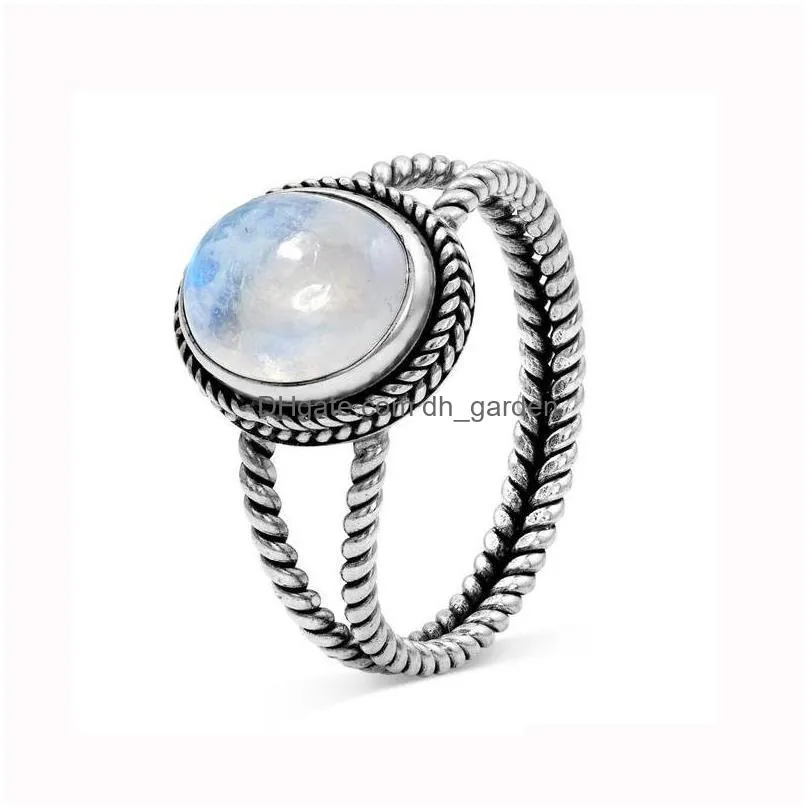 Cluster Rings Vintage Moonstone Rings For Women Antique Tibetan Sier Water Drop Round Crystal Ring Boho Indian Style Jewelr Dhgarden Dhdnv