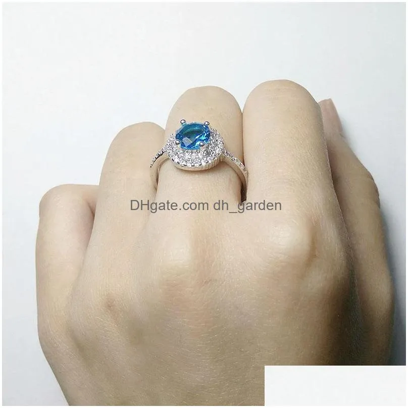 Cluster Rings High Quality Blue Zircon Copper Wedding Ring For Women Clear Birthstone Round Platinum Elegant Jewelry Gift Drop Delive Dhhcx