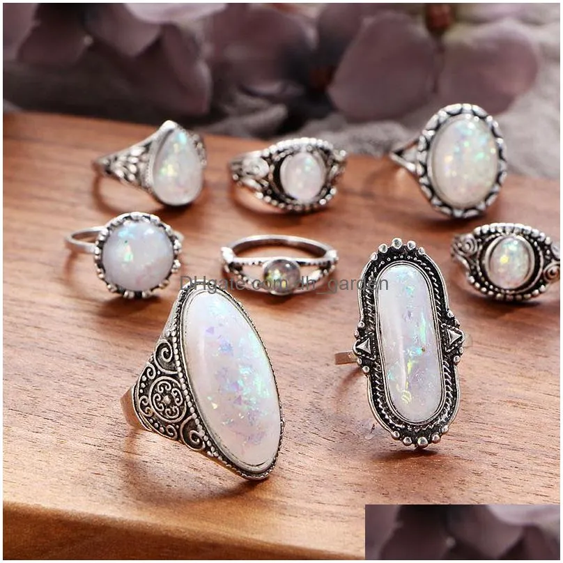 Cluster Rings New Arrival Big Vintage Opal 8 Pcs Knuckle Ring Set For Women Sliver Color Geometric Pattern Bohemian Style F Dhgarden Dhfqj