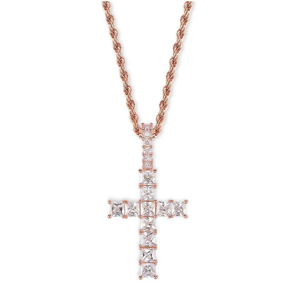 Pendant Necklaces Personalized Vintage Rose Gold Blingbling Diamond Iced Out Cross Chain Necklace Square Cubic Zirconia Jewelry Gift Otfxe