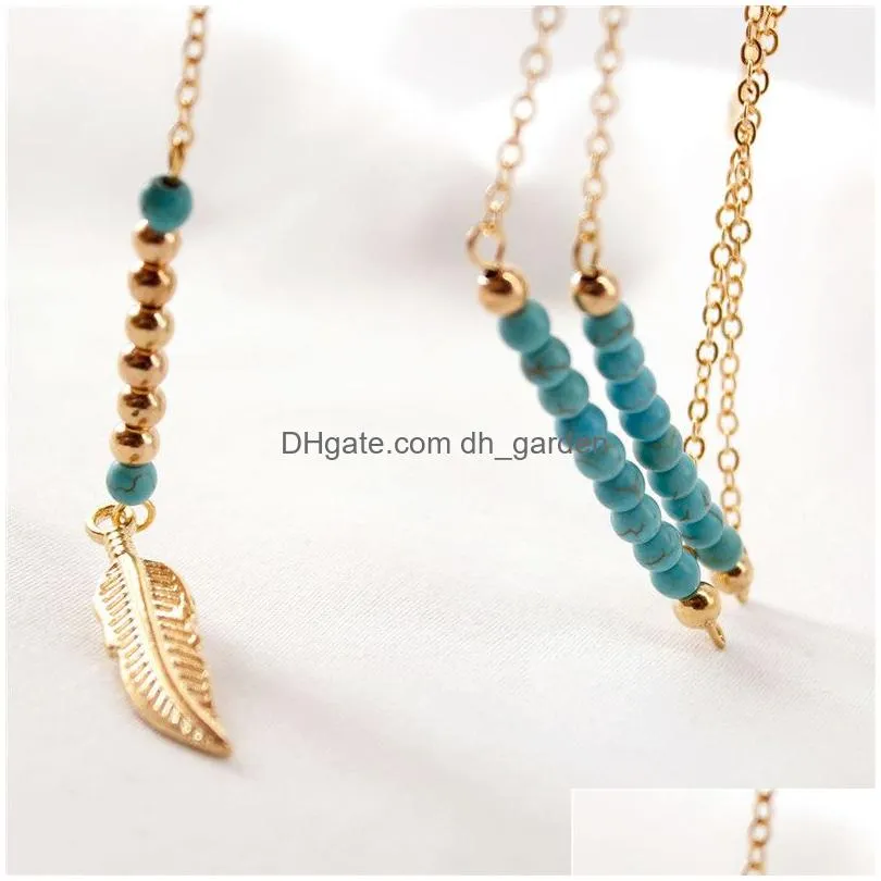 Pendant Necklaces New Bohemian Ethnic Y Shape Necklace Blue Beads Feather Pendant Long Chain Tassel Necklaces For Women Round Ball Vin Dhopv