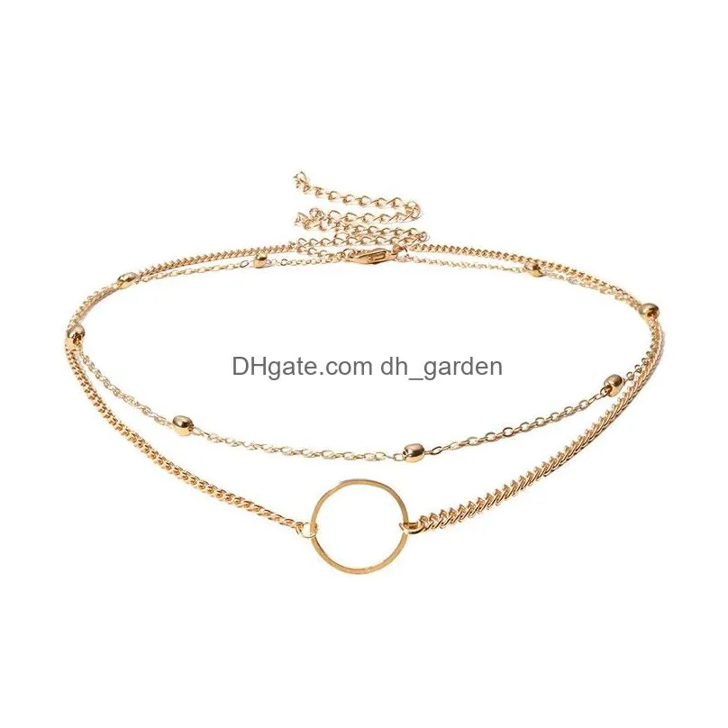 Pendant Necklaces 2Pcs/Set Gold Chain Circle Pendant Chokers Necklaces For Women Simple Copper Beaded Short Necklace Fashion Jewelry D Dh38J