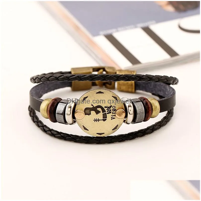 Charm Bracelets 12 Constell Leather Bracelet Bronze Coin Charm Horscope Sign Mtilayer Wrap Bracelets Wommen Mens Bangle Cuff Will And Dhlgv