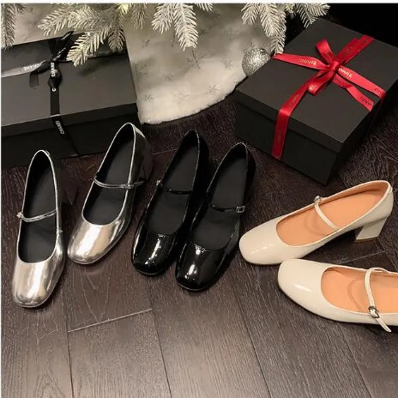 New Style White Black Silver Mary Jane Shoes for Women Fashion Genuine Leather Lady Party Dress Shoes