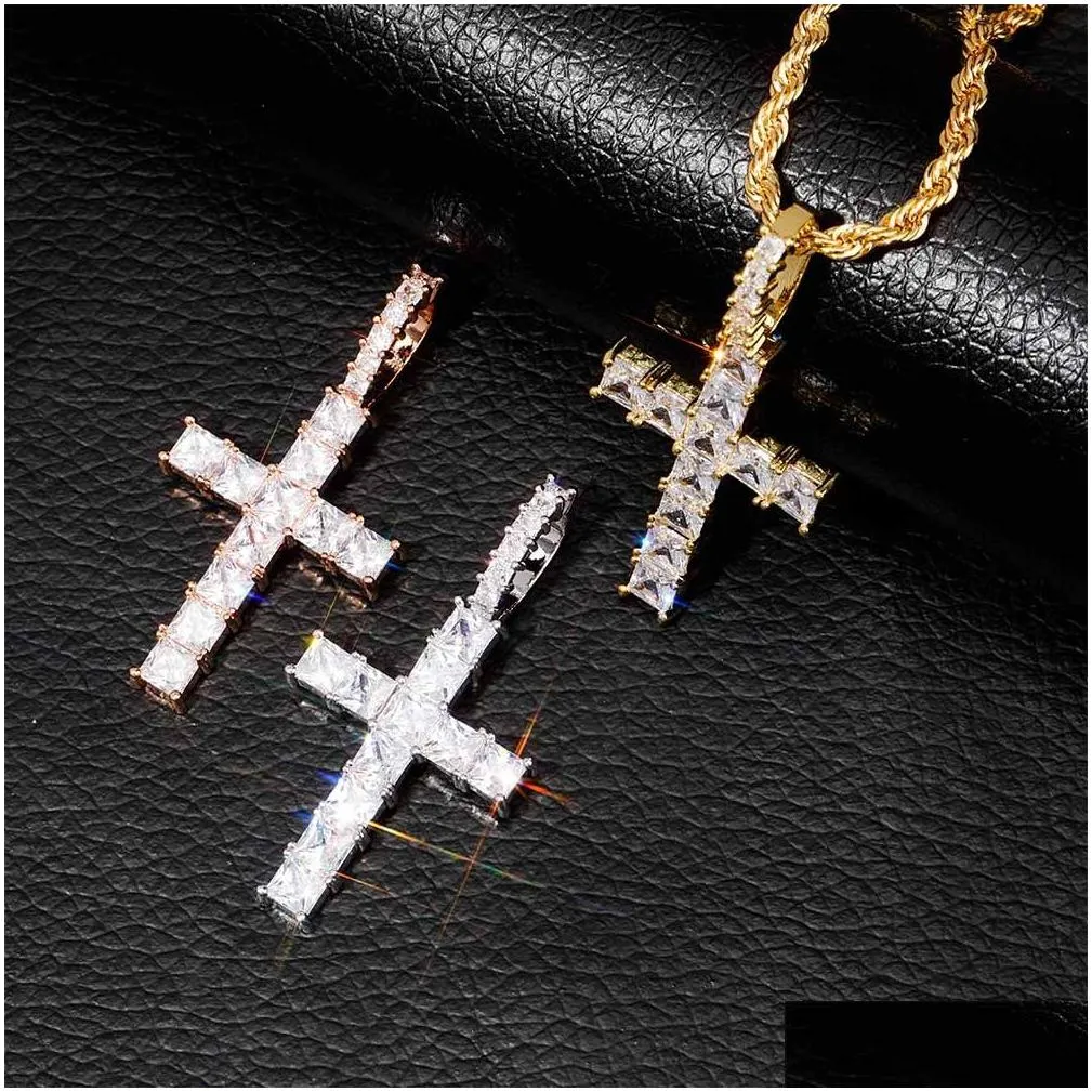 Pendant Necklaces Personalized Vintage Rose Gold Blingbling Diamond Iced Out Cross Chain Necklace Square Cubic Zirconia Jewelry Gift Otfxe