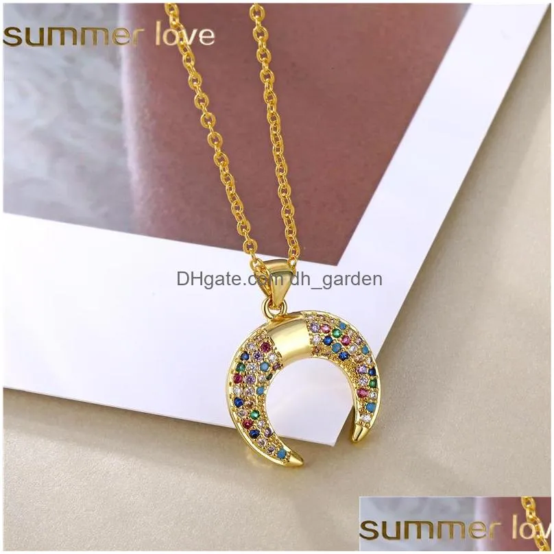 Pendant Necklaces New Arrival Rainbow Cz Moon Pendant Necklace For Women Crescent Zircon Charm Fashion Elegant Jewelry Ladies Gift Dro Dhdqq