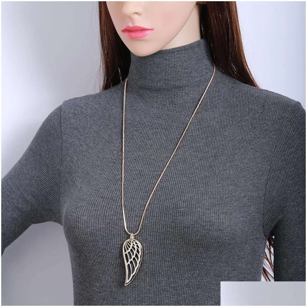 Pendant Necklaces New Gold Color Crystal Feather Angel Wing Pendant Necklace Double Layer Long Sweater Chain Statement Jewelry Collare Dh2Dv