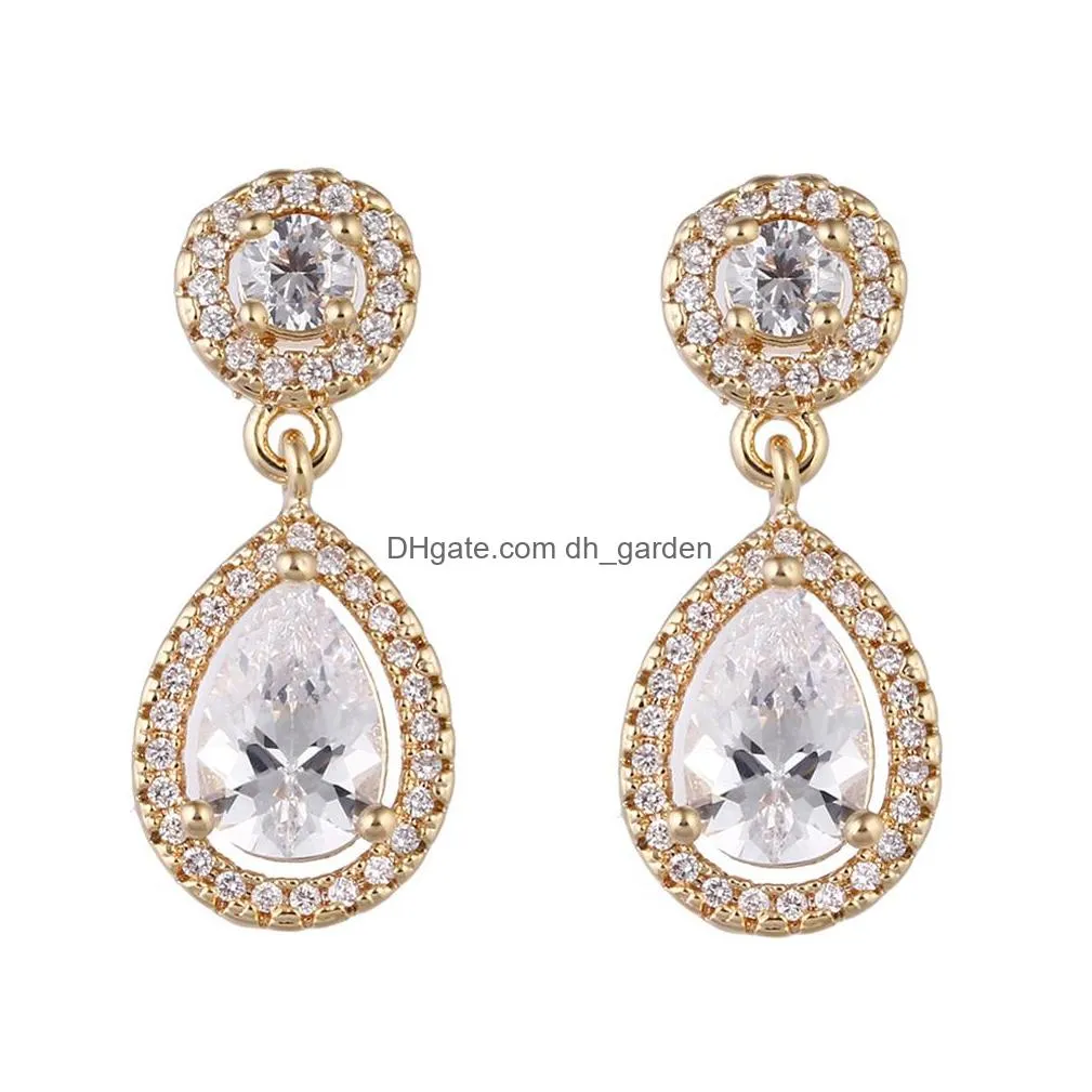 Stud Newest Gold Plated Cubic Zirconia Waterdrop Shape Drop Earring For Women Elegant Copper Gift Brides Bridesmaids Drop D Dhgarden Dhza3