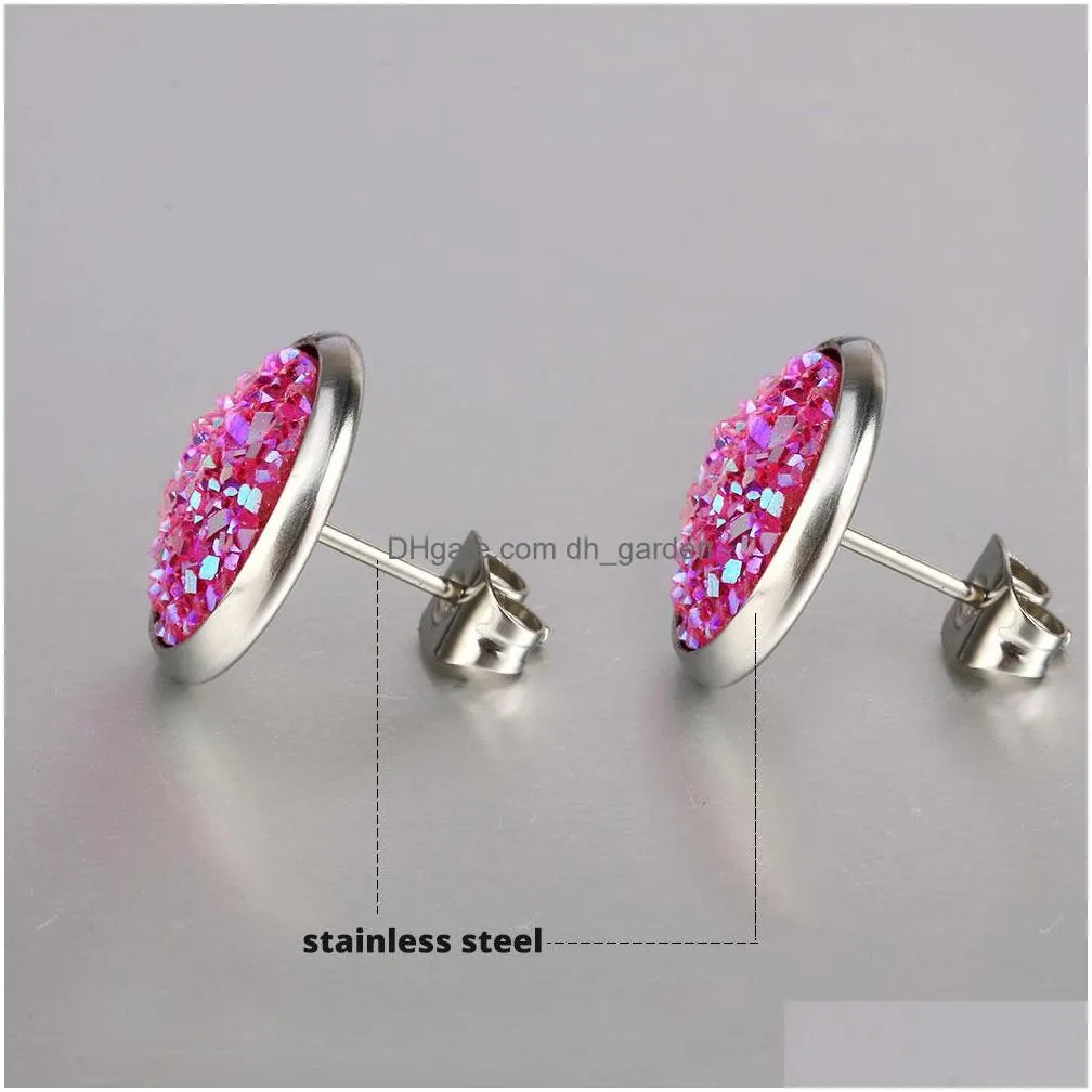 Stud 1 Pairs 16 Colors Cute Round Stud Earrings For Women Stainless Steel Colorf Drusy Resin Cluster Fashion Jewelry Drop D Dhgarden Dhnis