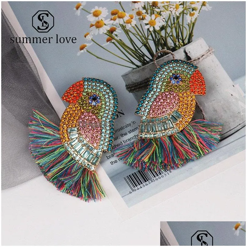 Stud New Colorf Crystal Flower Fish Parrot Tassel Earrings For Women Large Boho Fringed Hanging Wedding Jewelry Drop Delive Dhgarden Dh4Ht