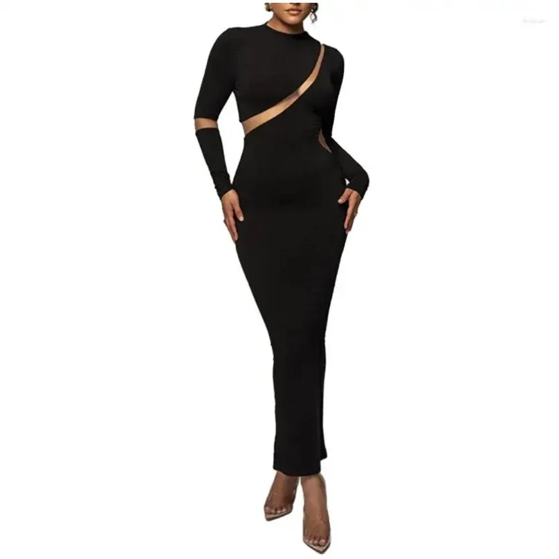 Basic & Casual Dresses Casual Dresses Women Dress Slim Fit Solid Color Elegant Sheath Maxi With See-Through Mesh Work Long Sleeve O N Otmpa