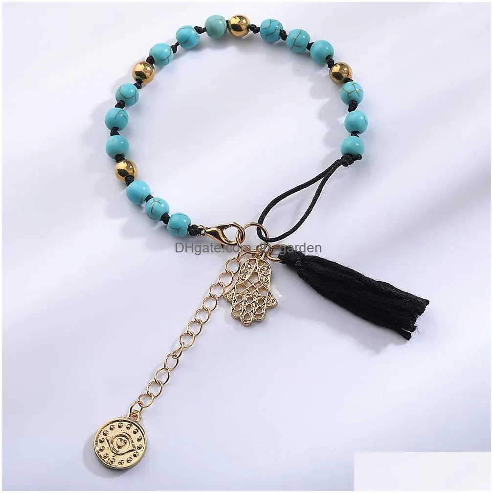 Chain 2021 Turquoise Braided Rope Chain Tassel Hand Palm Pendant Bracelet For Women Fashion Natural Stone Beads Bracelets D Dhgarden Dhlef