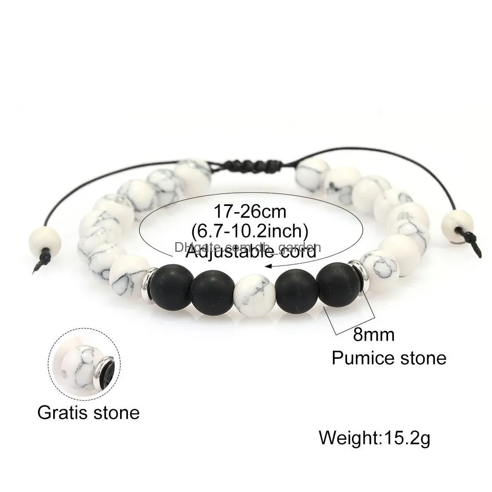 Beaded 8Mm Handmade White Agate Black Natural Lava Rock Stone Beads Chakra Bracelets For Men Women Fashion Elastic Healing Dhgarden Dhq9M